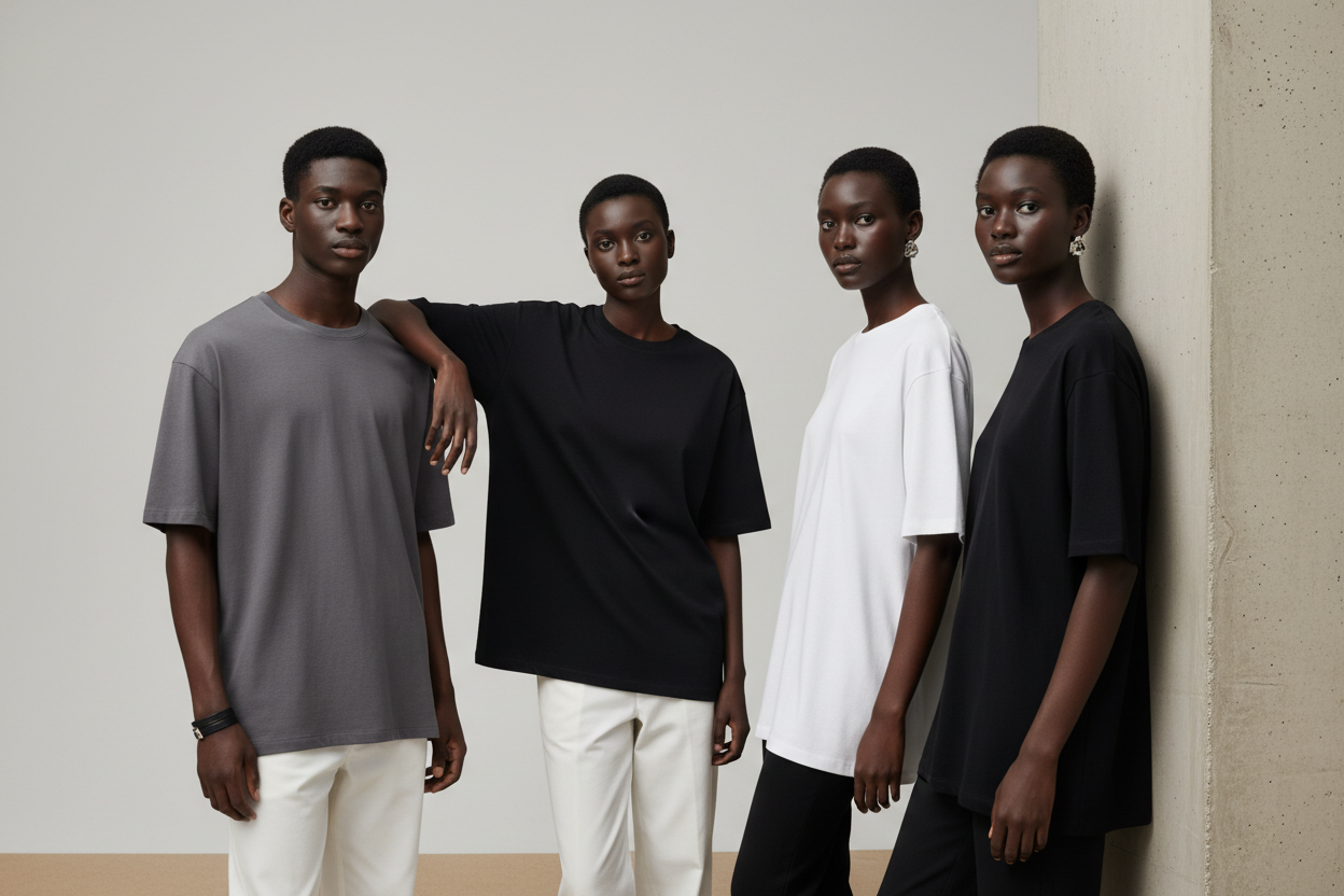 A group of black models wearing a range of boxy tshirts that are of the colours black, white and grey. The theme should be minimalistic